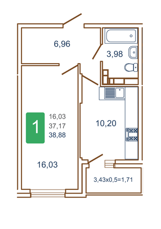 Планировка 1-комн 38,88, 38,9 м²