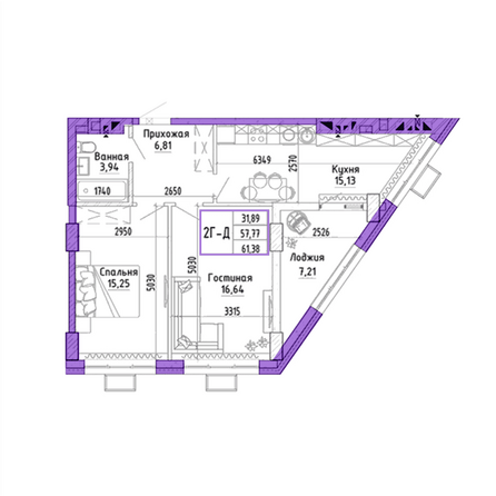 Планировка 2-комн 61,38 м²