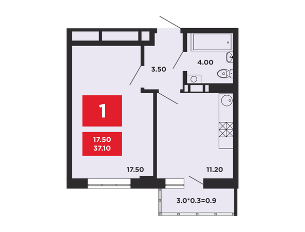 Планировка 1-комн 37,1 м²