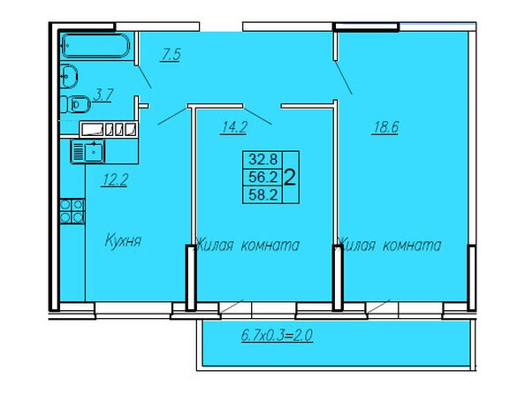 Планировка 2-комн 58,2 м²