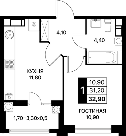 Планировка 2-комн 32,2, 32,9 м²