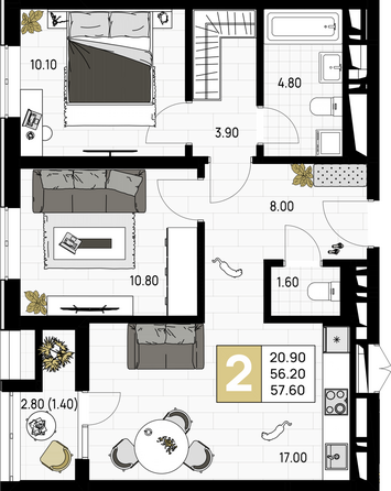 Планировка 2-комн 57,6 м²