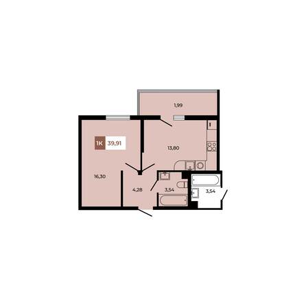 Планировка 1-комн 39,91 м²