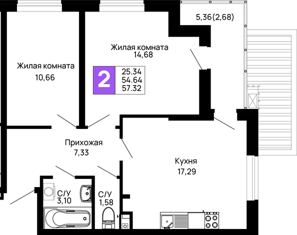 Планировка 2-комн 57,32 м²