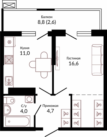 Планировка 1-комн 38,9 м²