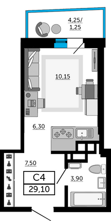 Планировка Студия 28,85, 29,1 м²