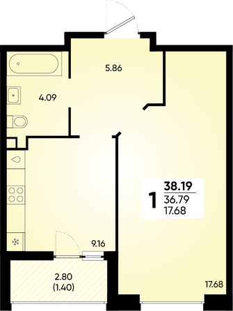 Планировка 1-комн 38,19 м²