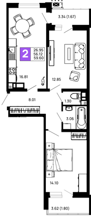 Планировка 2-комн 59,6 м²