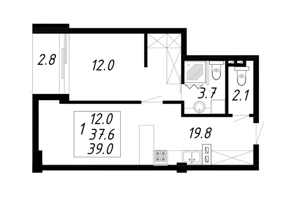 Планировка 1-комн 39 м²
