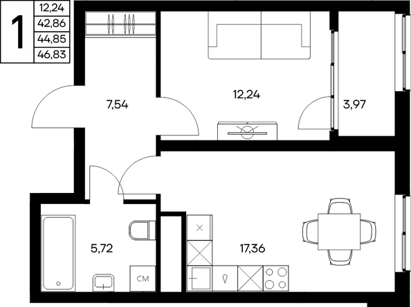 Планировка 1-комн 46,83 м²