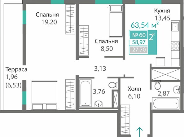Планировка 2-комн 58,97 м²