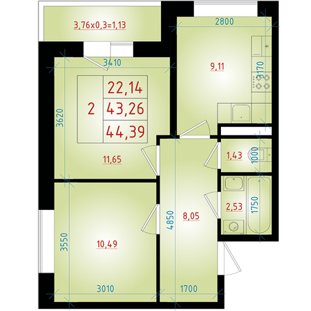 Планировка 2-комн 44,39 м²