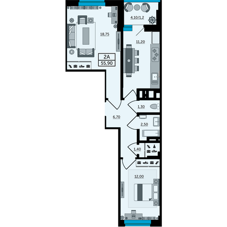 Планировка 2-комн 57 м²