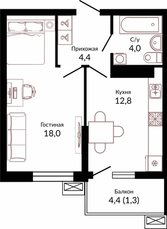 Планировка 1-комн 40,5 м²