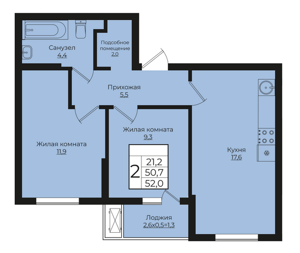 Планировка 2-комн 52 м²