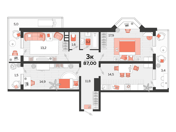 Планировка 3-комн 86,5, 87 м²