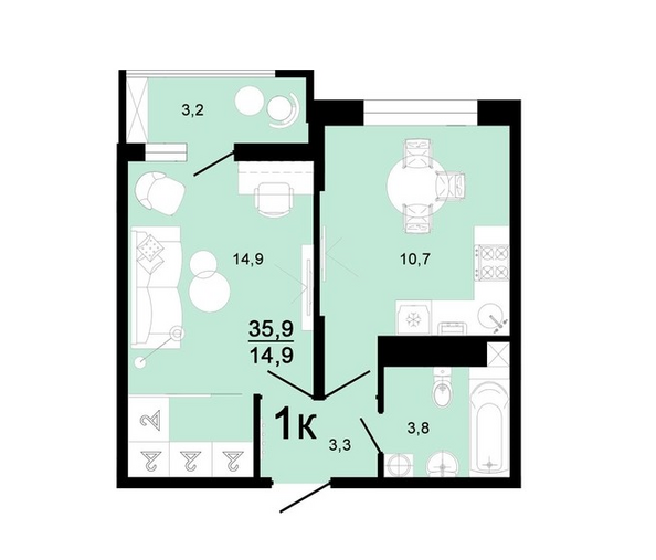 Планировка 1-комн 35,9 м²