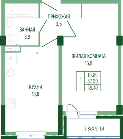 Планировка 1-комн 38,4 м²