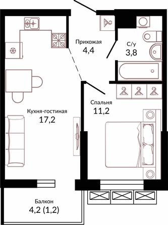 Планировка 1-комн 37,8 м²