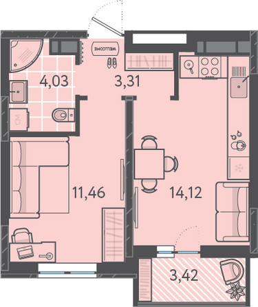 Планировка 1-комн 34,63 м²