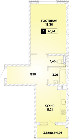 Планировка 1-комн 45,37 м²