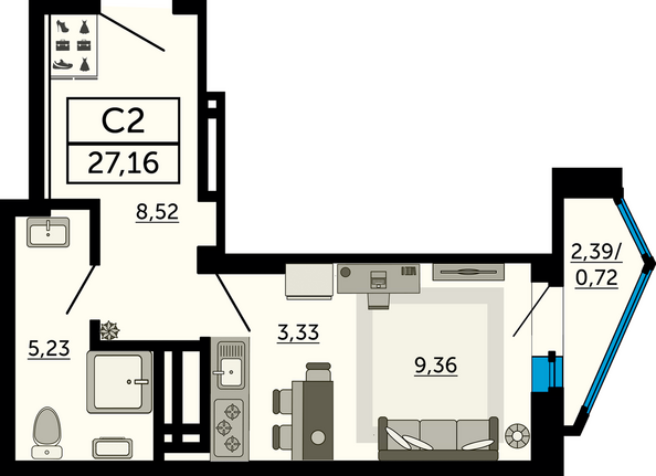 Планировка Студия 27,16 м²