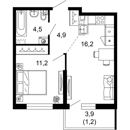 Планировка 1-комн 38 м²