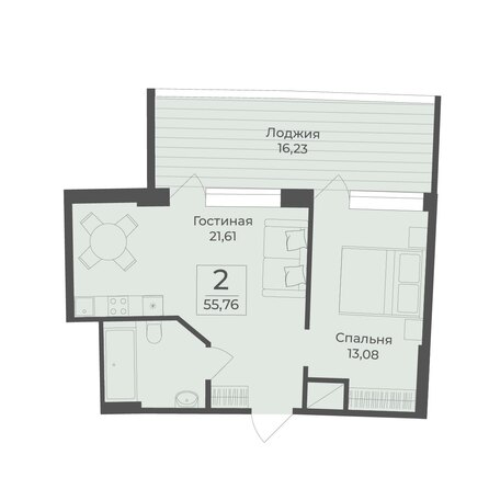 Планировка 2-комн 55,76 м²