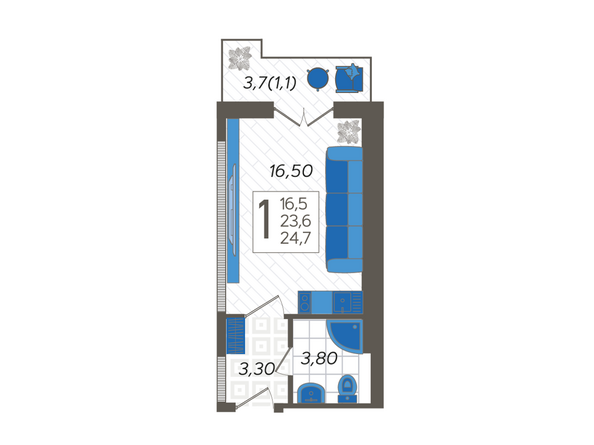 Планировка 1-комн 24,7 м²