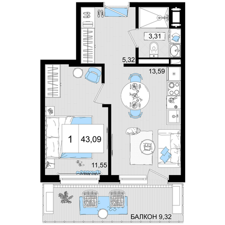 Планировка 1-комн 43,09 м²