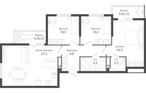 Планировка 3-комн 83,4 м²