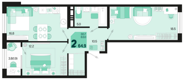 Планировка 2-комн 64,9 - 67,3 м²