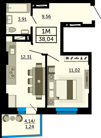 Планировка 1-комн 37,67 - 37,87 м²