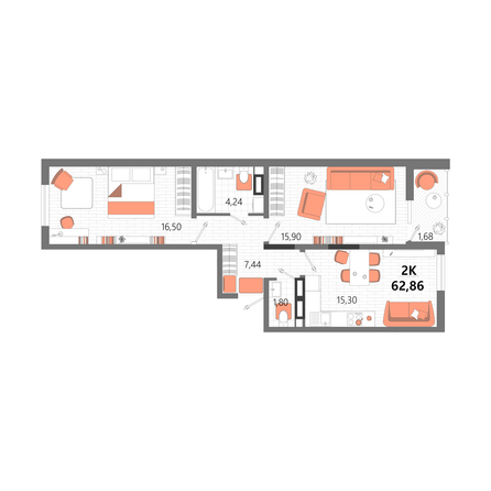 Планировка 2-комн 62,86 м²