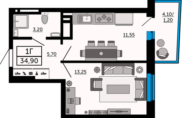 Планировка 1-комн 34,9 м²