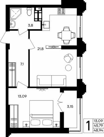 Планировка 1-комн 48,94 м²
