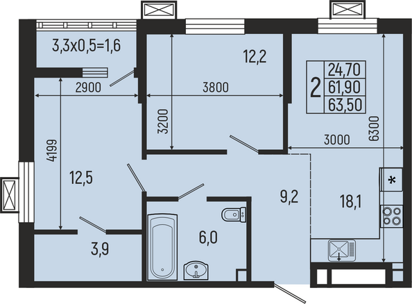 Планировка 2-комн 63,5 м²