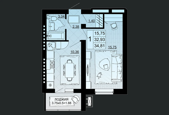 Планировка 1-комн 34,81 м²