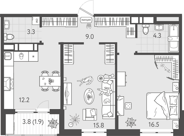 Планировка 2-комн 63 м²