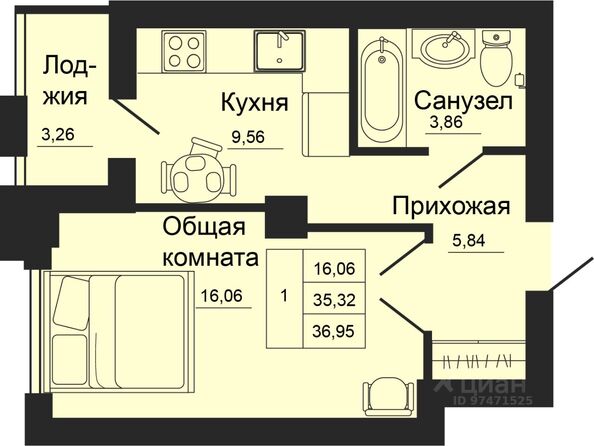 Планировка 1-комн 36,95 м²