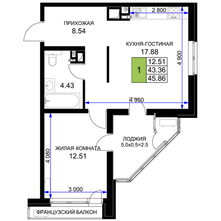 Планировка 1-комн 45,86 м²