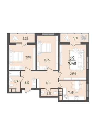 Планировка 3-комн 93,4 м²