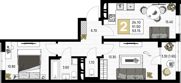 Планировка 2-комн 53,15 м²