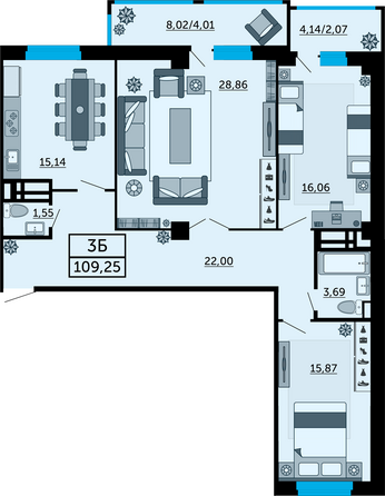 Планировка 3-комн 109,25 м²