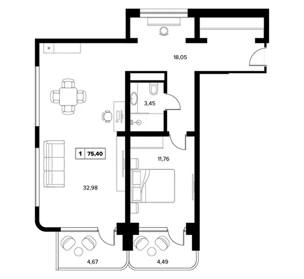Планировка 2-комн 75,4 м²