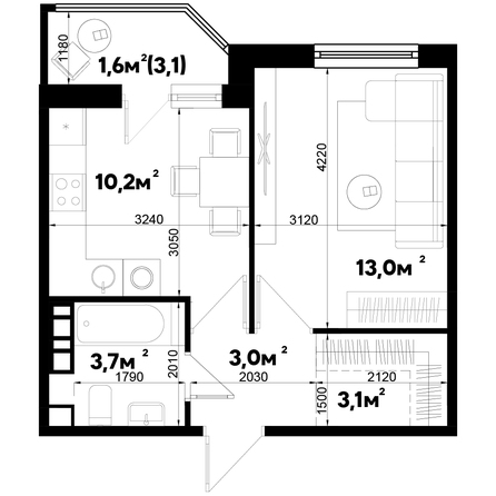 Планировка 1-комн 34,6 м²