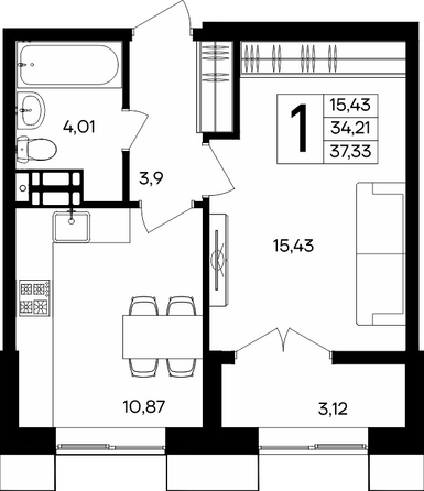 Планировка 1-комн 37,33, 37,49 м²