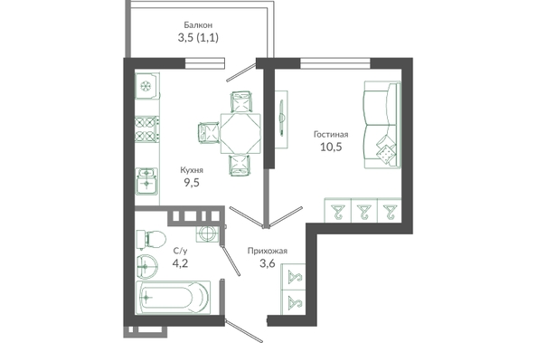 Планировка 1-комн 28,9 м²