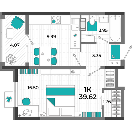 Планировка 1-комн 39,62 м²