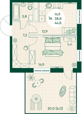 Планировка 1-комн 44,8 м²